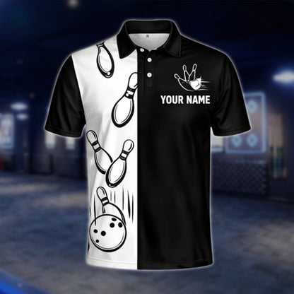 Black And White Custom Team Bowling Mens Polo Shirt, Custom Bowling Team Shirts BZ0439