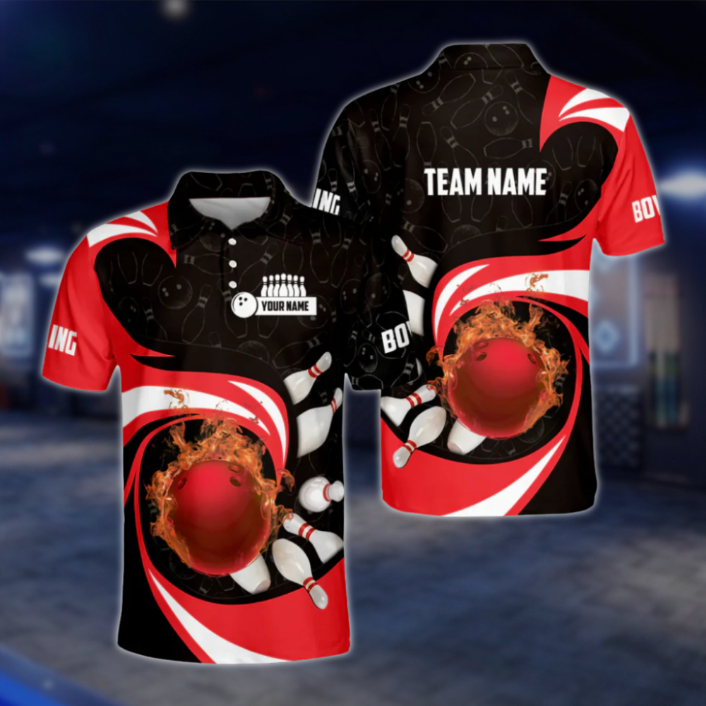 Personalised Blue Flame Ball Polo Bowling Team Shirts Men, Custom Team Flame Bowling Shirt BZ0181