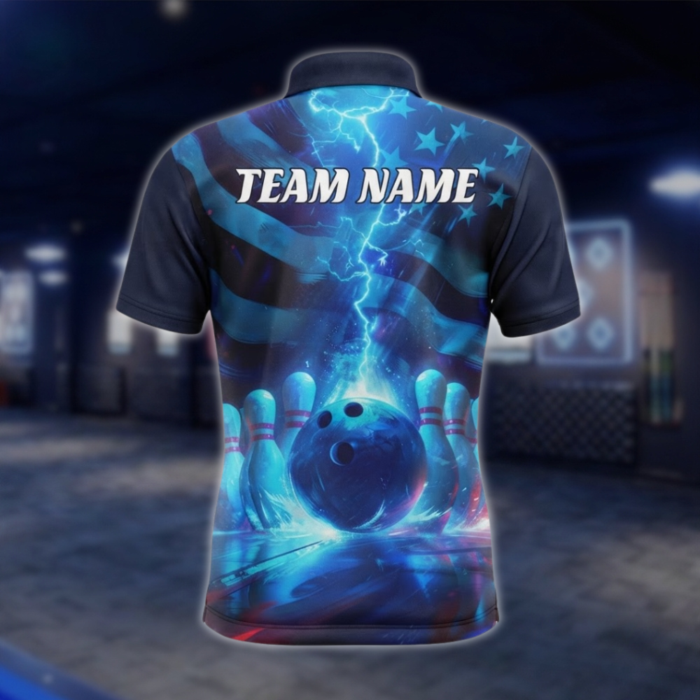 Personalized Thunder Lightning American Flag Bowling Polo Shirt For Men, Custom Patriotic Bowling Team Shirts BZ0765