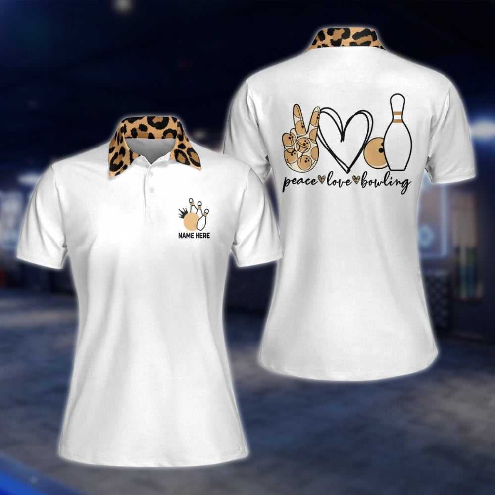 Peace Love Bowling Custom Leopard White Bowling Polo Shirt Ladies, Custom Leopard Women's Bowling Shirts BW0071