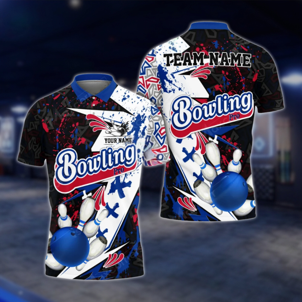 Personalized Abstract Men's Black Blue White Bowling Polo Shirt, Custom Bowling Team Shirts BZ0779