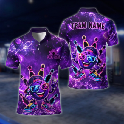 Personalized Neon Funny Ball Bowling Mens Polo Shirt Green, Custom Bowling Shirt For Team BE0254
