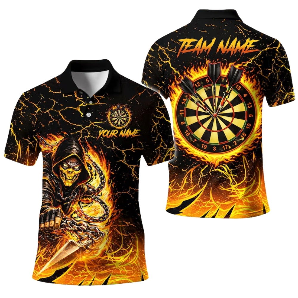 Skull Flame Yellow Mens Personalized Darts Button Polo