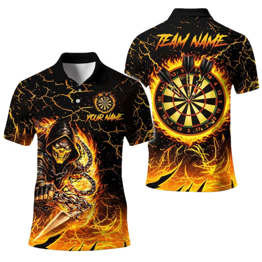 Skull Flame Yellow Mens Personalized Darts Button Polo