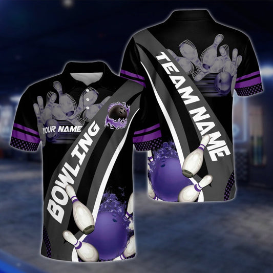 Custom Flame Purple Black Bowling Mens Polo Shirt, Custom Flame Bowling Team Shirts BZ0182