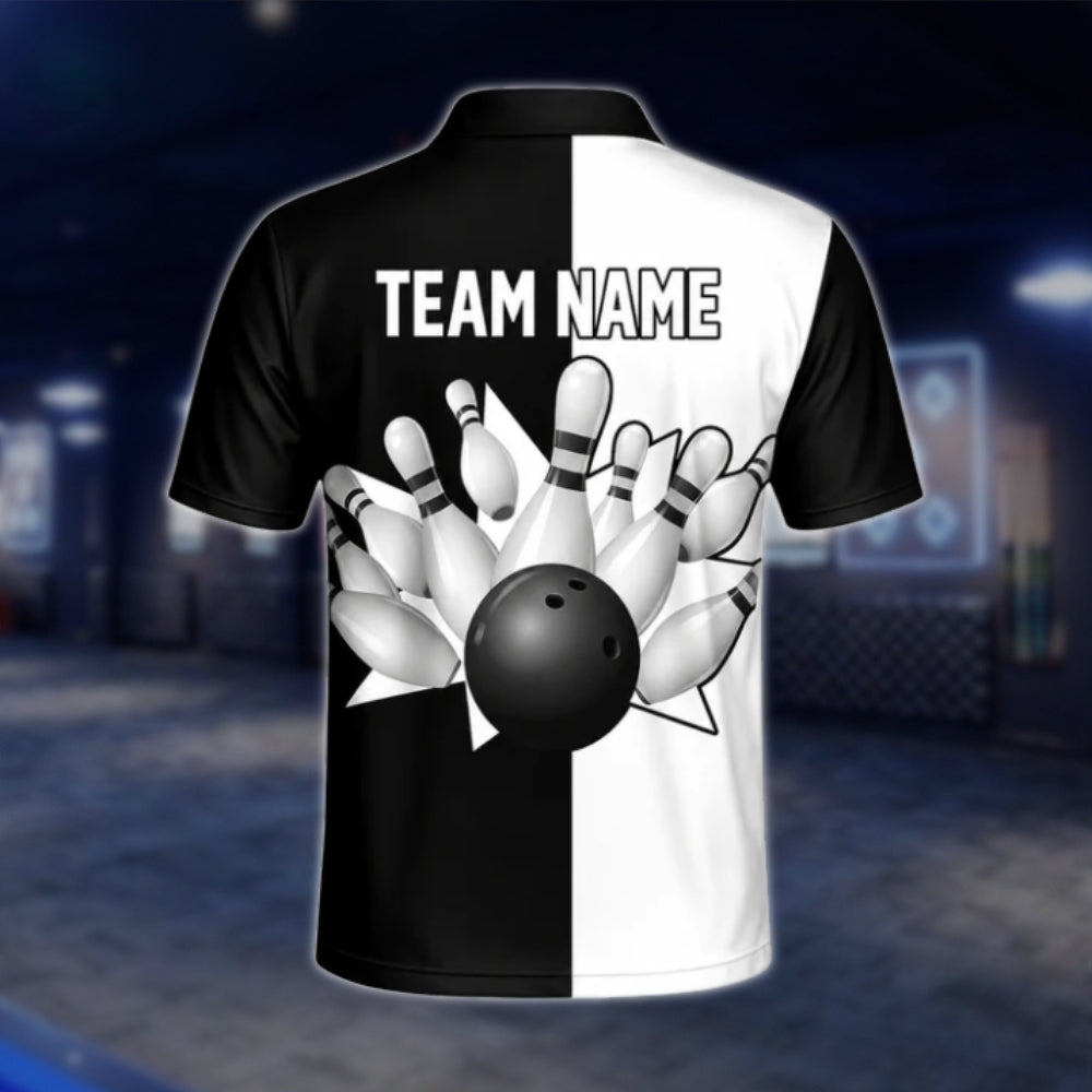 Black And White Custom Team Bowling Mens Polo Shirt, Custom Bowling Team Shirts BZ0439