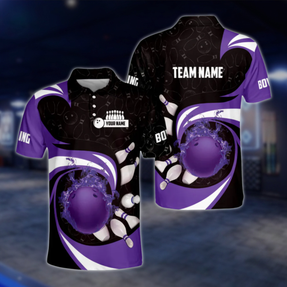 Personalised Blue Flame Ball Polo Bowling Team Shirts Men, Custom Team Flame Bowling Shirt BZ0181