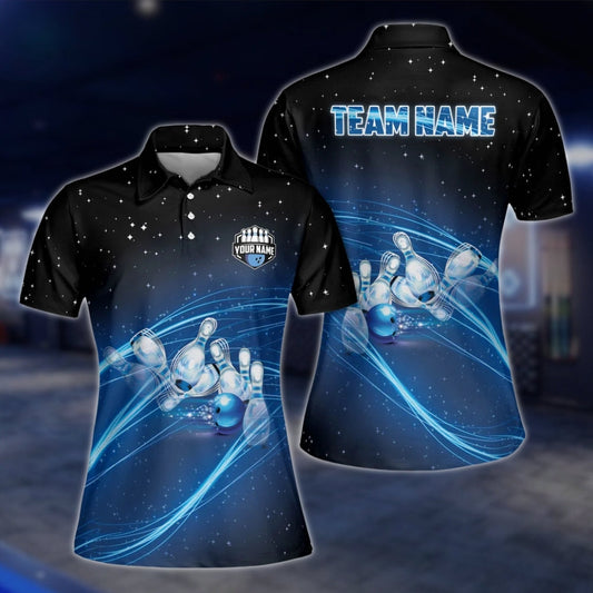 Custom Womens Team Blue Lightning Bowling Polo Shirt, Custom Bowling Team Shirts BW0157