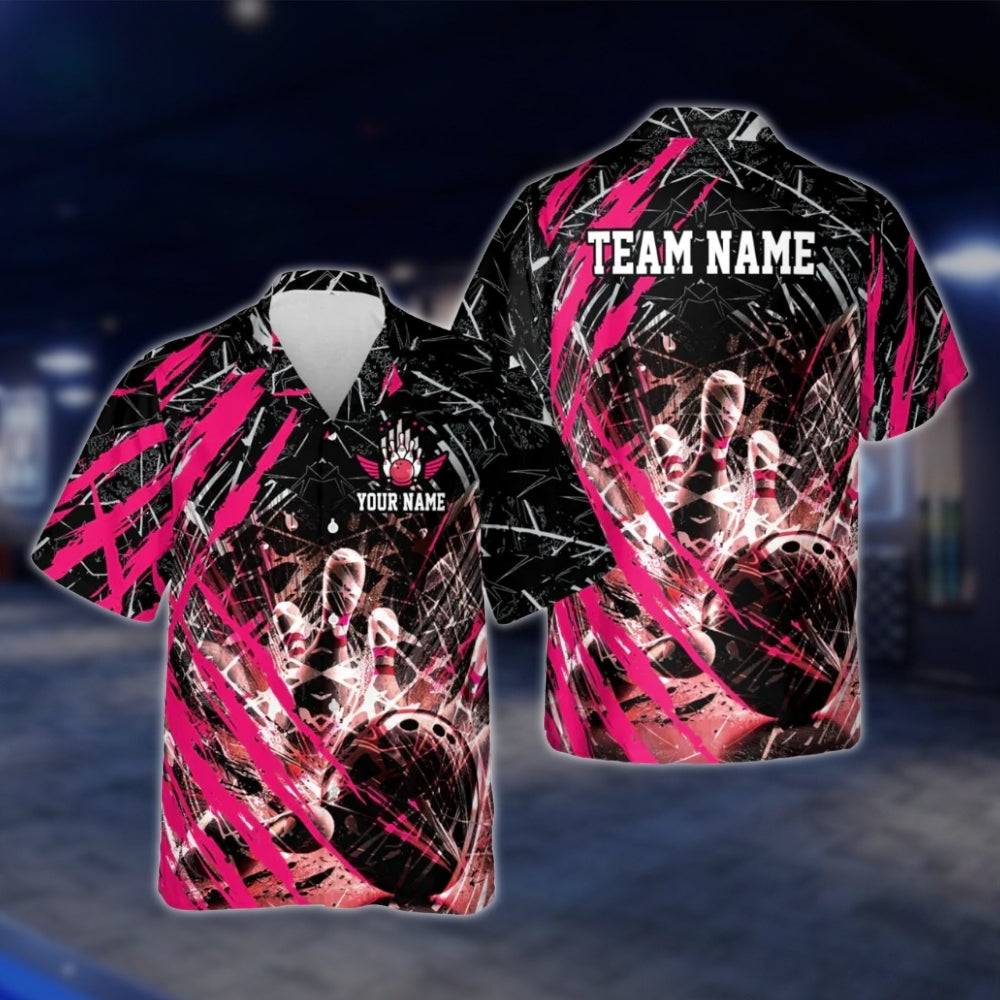Custom Team Grunge Black Red Bowling Hawaiian Shirt For Men Women, Custom Bowling Team Shirts BE0050