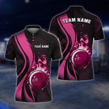 Personalized Flame Ball Men's Blue Black Bowling Polo Shirt, Custom Flame Bowling Team Shirts BZ0746