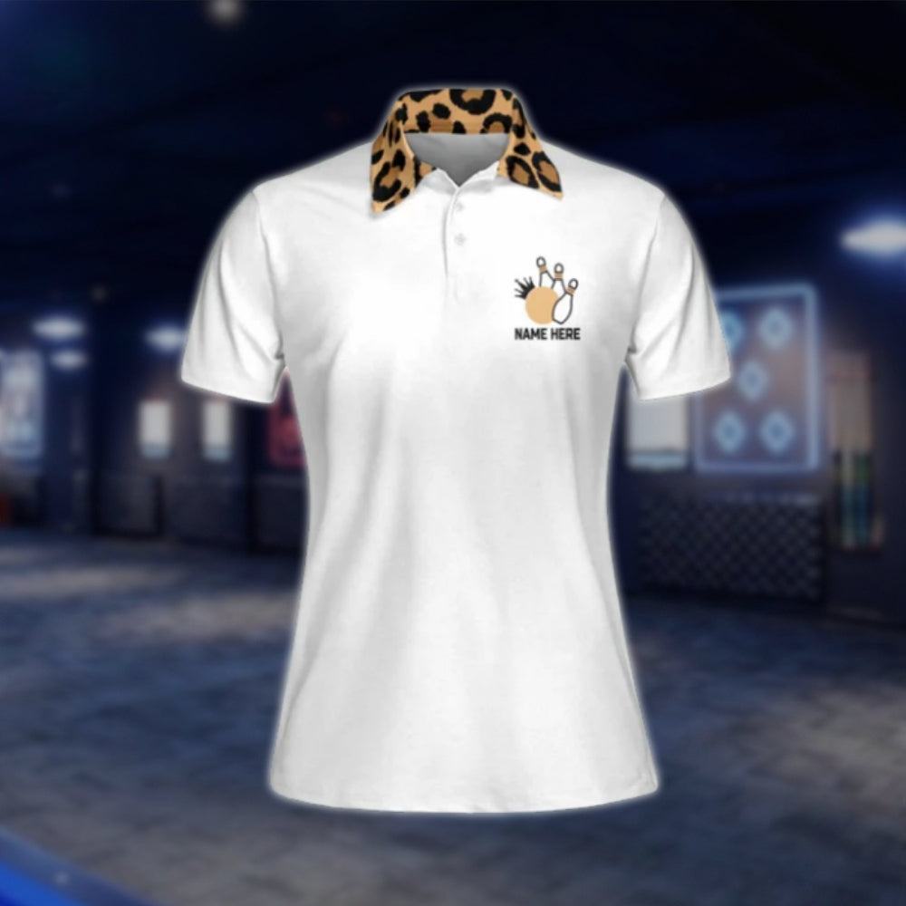 Peace Love Bowling Custom Leopard White Bowling Polo Shirt Ladies, Custom Leopard Women's Bowling Shirts BW0071