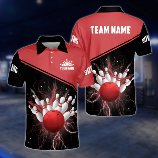 Custom Black Red Thunder Polo Bowling Team Shirts Men, Custom Bowling Shirts Team BM0300