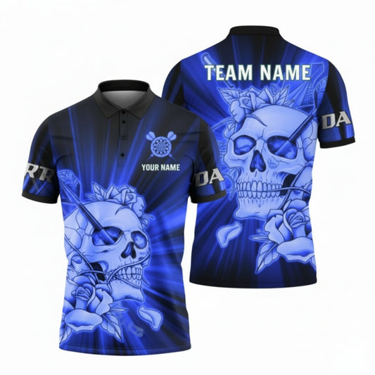 Skull and Rose Blue Mens Personalized Darts Button Polo