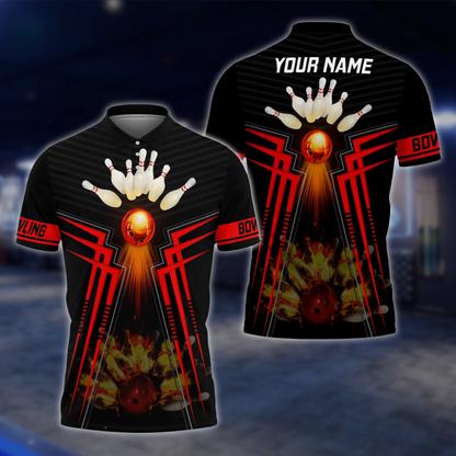 Personalized Flame Bowling Polo Shirt Men Black And Red, Custom Flame Bowling Shirt With Name BZ0748