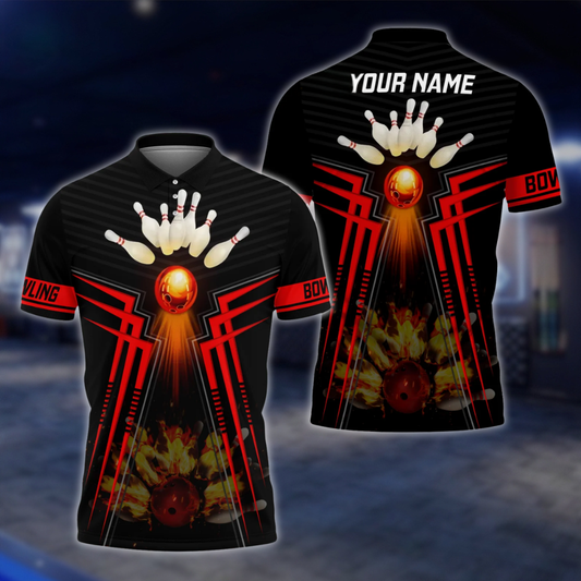 Personalized Flame Bowling Polo Shirt Men Black And Red, Custom Flame Bowling Shirt With Name BZ0748