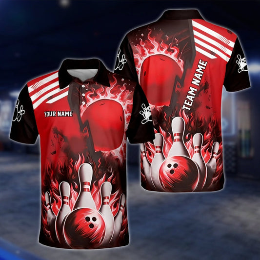 Custom Fire Pins And Ball Bowling Polo Shirt For Mens, Custom Flame Bowling Shirts Team BZ0180