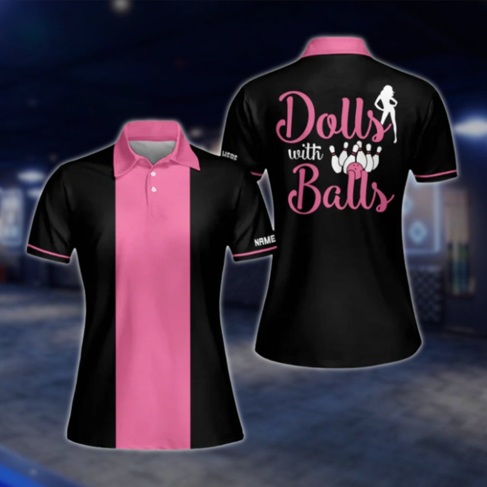 Dolls With Balls Custom Womens Black Pink Bowling Polo Shirt, Custom Funny Bowling Shirts For Ladies BW0085
