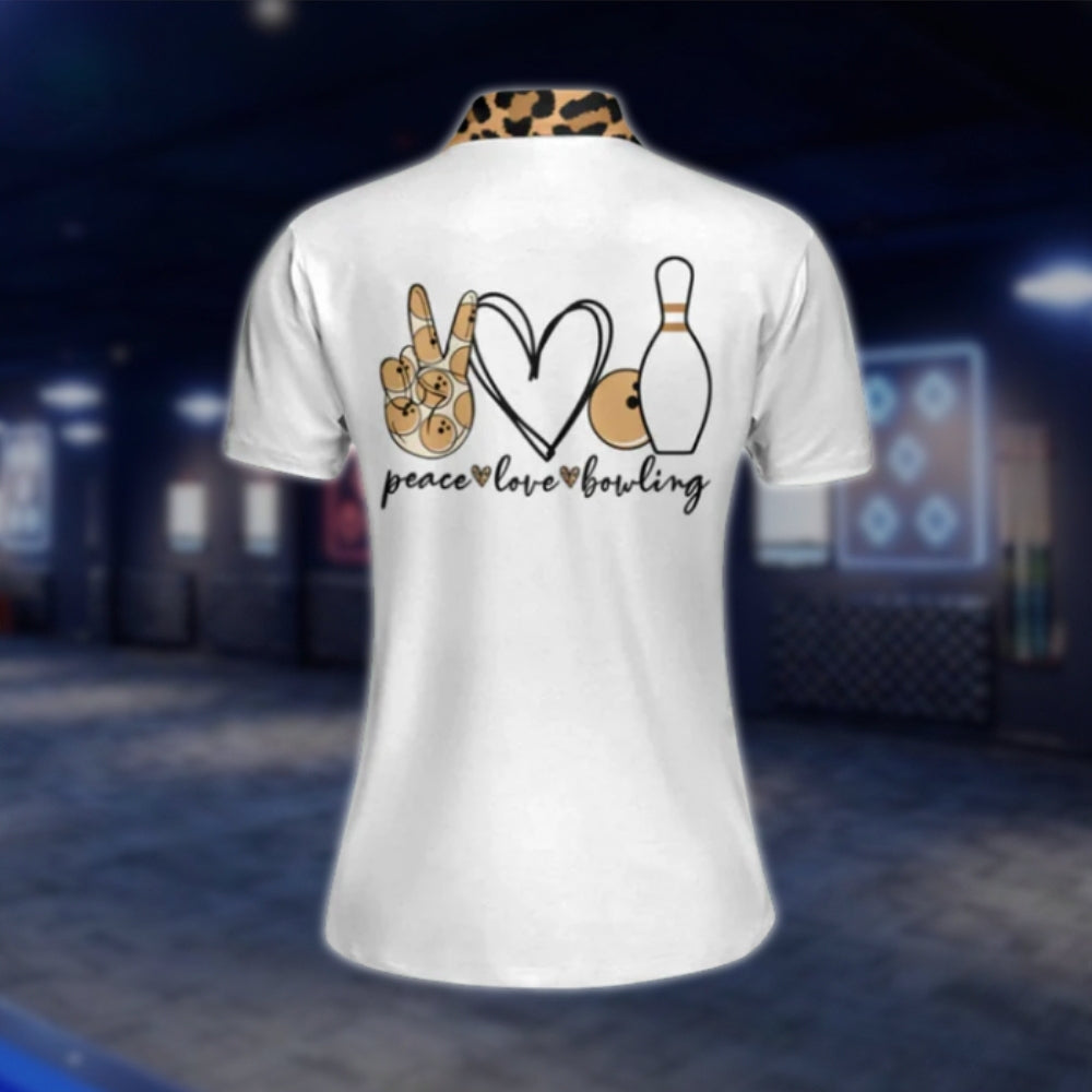 Peace Love Bowling Custom Leopard White Bowling Polo Shirt Ladies, Custom Leopard Women's Bowling Shirts BW0071