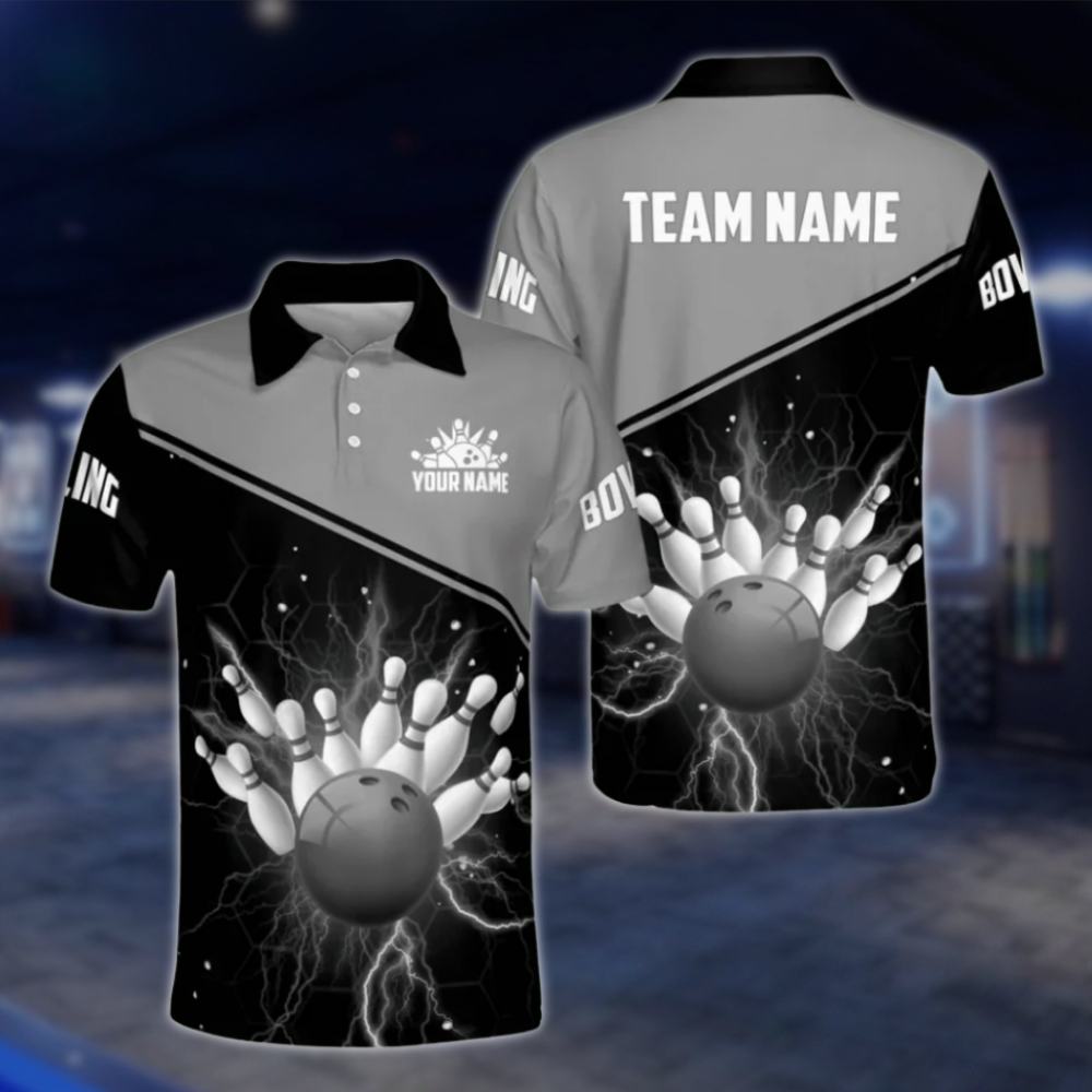 Custom Black Red Thunder Polo Bowling Team Shirts Men, Custom Bowling Shirts Team BM0300