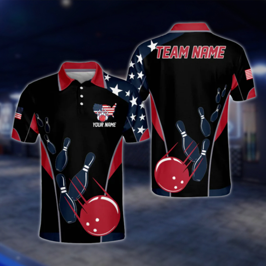USA Flag Custom Mens Black Red Bowling Polo Shirt For Mens, Custom Patiotic Bowling Team Shirts BO0339