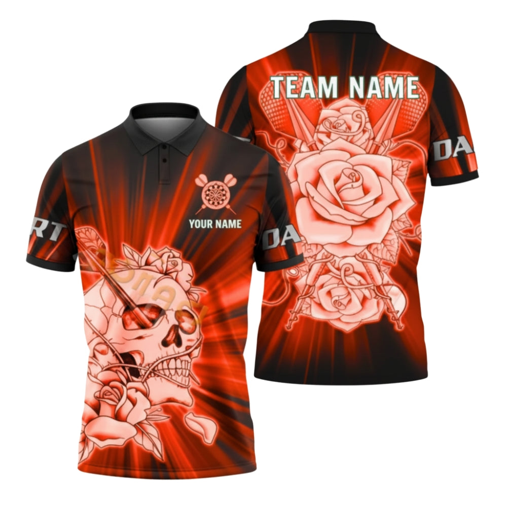 Skull and Rose Blue Mens Personalized Darts Button Polo