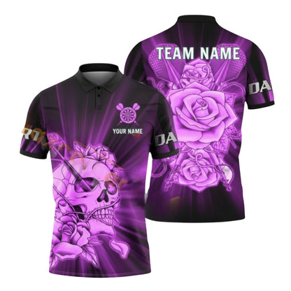 Skull and Rose Blue Mens Personalized Darts Button Polo
