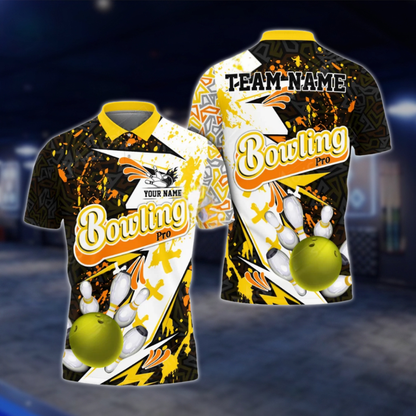 Personalized Abstract Men's Black Blue White Bowling Polo Shirt, Custom Bowling Team Shirts BZ0779