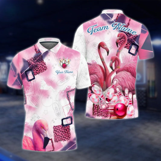 Flamingo Pink Leopard Custom Mens Bowling Polo Shirt, Custom Flamingo Bowling Team Shirts BO0352