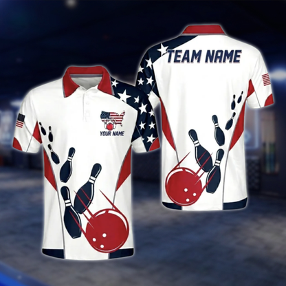 USA Flag Custom Mens Black Red Bowling Polo Shirt For Mens, Custom Patiotic Bowling Team Shirts BO0339