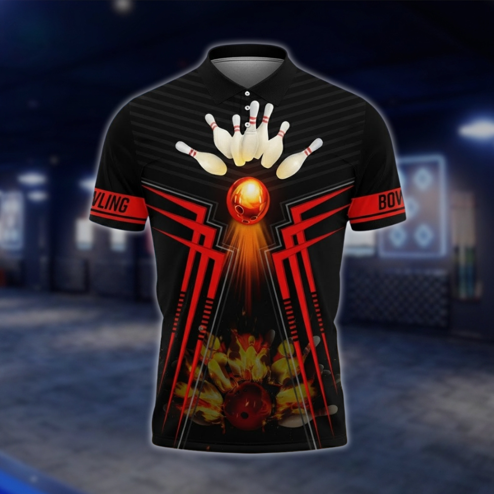 Personalized Flame Bowling Polo Shirt Men Black And Red, Custom Flame Bowling Shirt With Name BZ0748