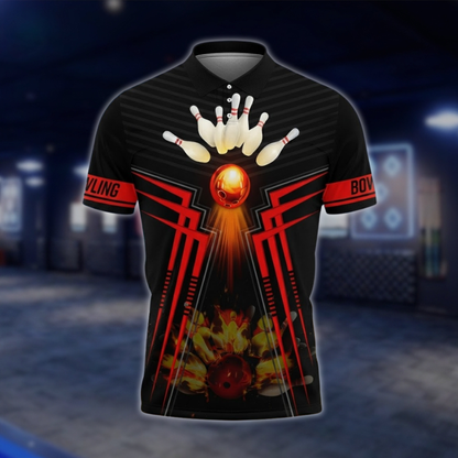 Personalized Flame Bowling Polo Shirt Men Black And Red, Custom Flame Bowling Shirt With Name BZ0748