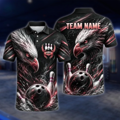 Personalized Eagle Golf Black Men's Bowling Polo Shirt, Custom Eagle Bowling Shirt For Team BZ0871