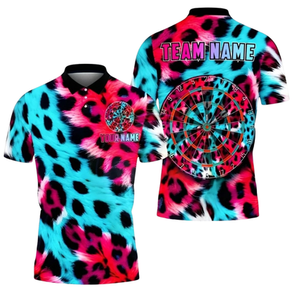 Leopard Neon Cyan Pink Men Personalized Darts Button Polo