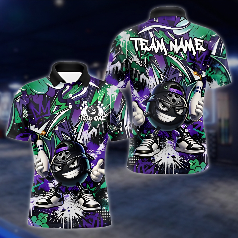 Funny Ball Personalized Graffiti Mens Bowling Polo Shirt, Custom Team Bowling Shirt BZ0914