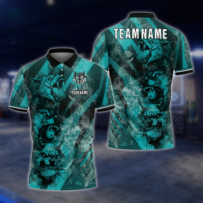 Personalized Wolf Mens Bowling Polo Shirt Blue Smoke, Custom Wolf Bowling Shirts For Team BZ0753