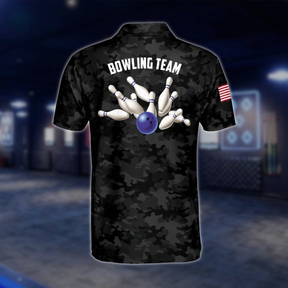 Custom Camo Black Blue Bowling Polo Shirt For Men, Custom Camo Bowling Team Shirts BZ0194