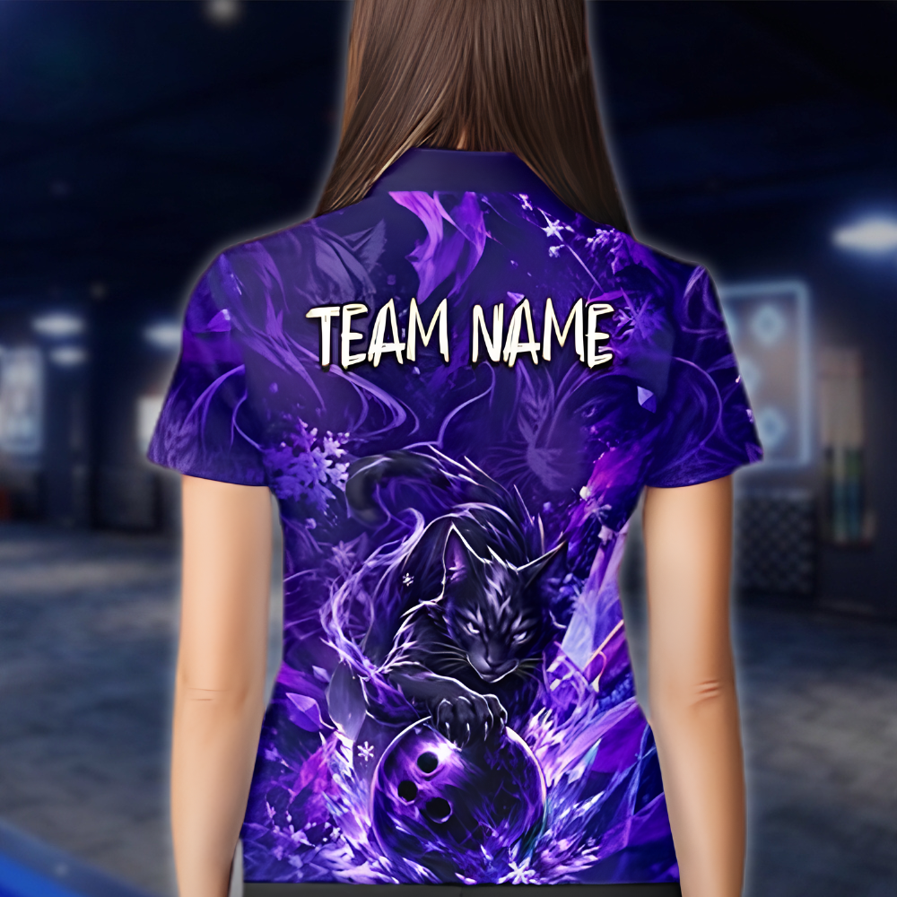 Personalized Cat Black Purple Bowling Jersey For Women, Custom Cat Team Bowling Shirt Ladies BZ0882
