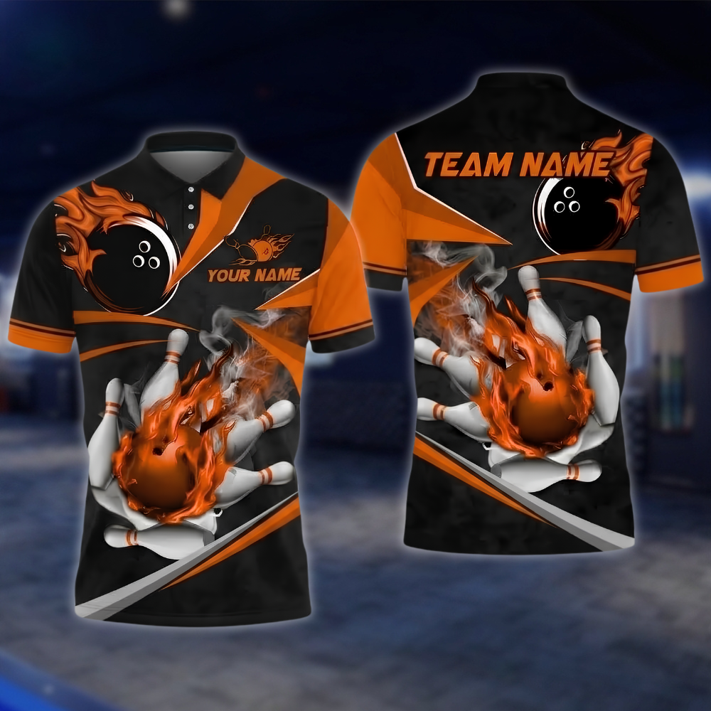 Personalized Fire Ball Black And Gold Bowling Polo Shirt For Men, Custom Flame Bowling Shirt Team BZ0897