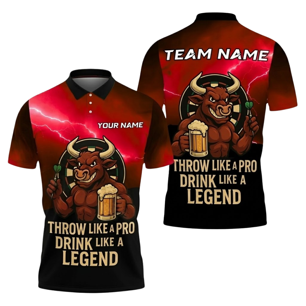 Throw Like a Pro Drink Like a Legend Bull Personalized Darts Button Polo
