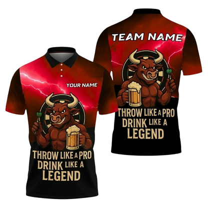 Throw Like a Pro Drink Like a Legend Bull Personalized Darts Button Polo