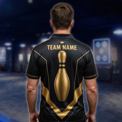 Personalized Men's Team Bowling Polo Shirt Black And Gold, Custom Bowling Team Shirts BE0240