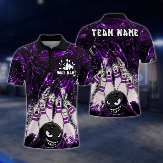 Personalized Funny Ball Pins Mens Purple Bowling Polo Shirts, Custom Bowling Team Shirts BZ0276