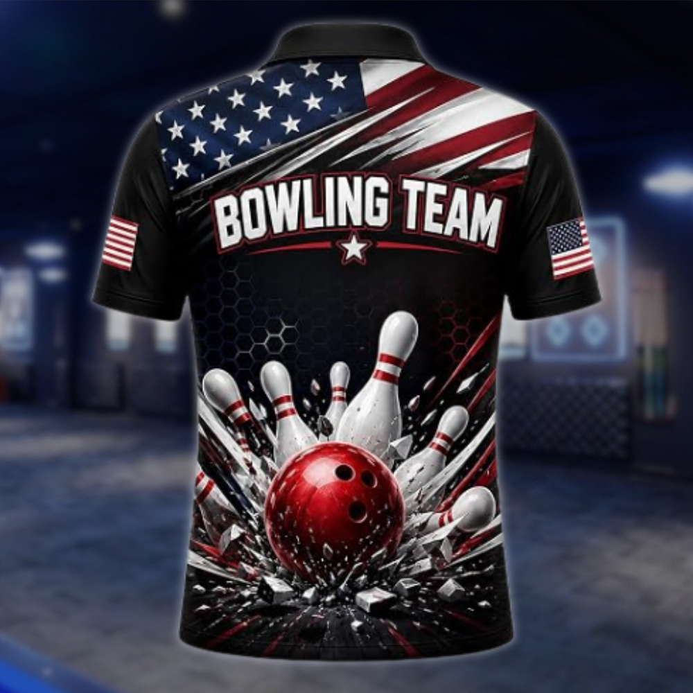 Personalized American Flag Bowling Polo Shirt Mens, Custom Patriotic Bowling Team Shirt BZ0869