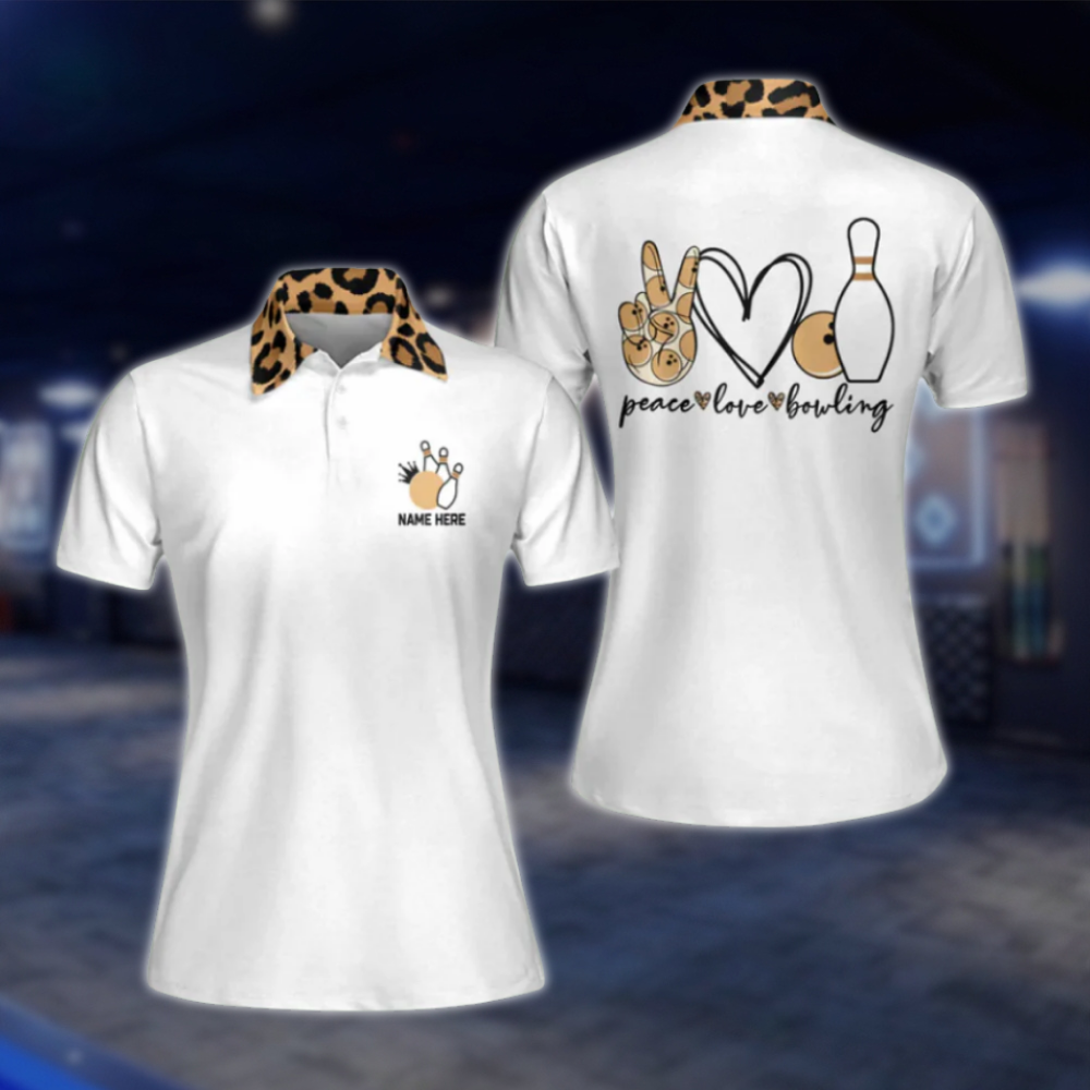 Customized Peace Love Bowling Leopard Polo Shirts For Women, Custom Ladies Leopard Bowling Shirts BW0074