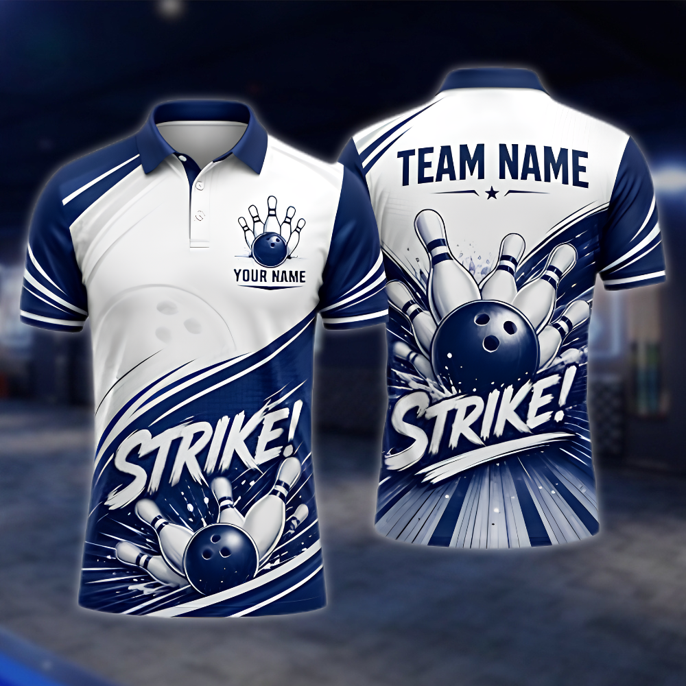 Personalized White Blue Strike Bowling Team Polo Shirt, Custom Men Bowling Shirt BZ0971
