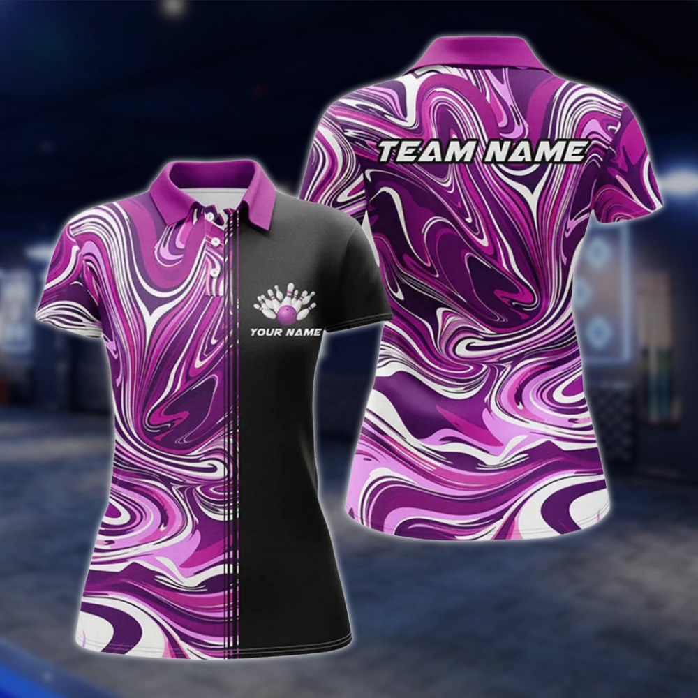 Personalized Marble Purple Black Women's Bowling Polo Shirt, Custom Team Bowling Shirt Ladies BZ0766