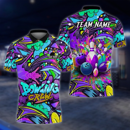 Personalized Graffiti Bowling Mens Polo Shirt, Custom Team Bowling Shirts BZ0857