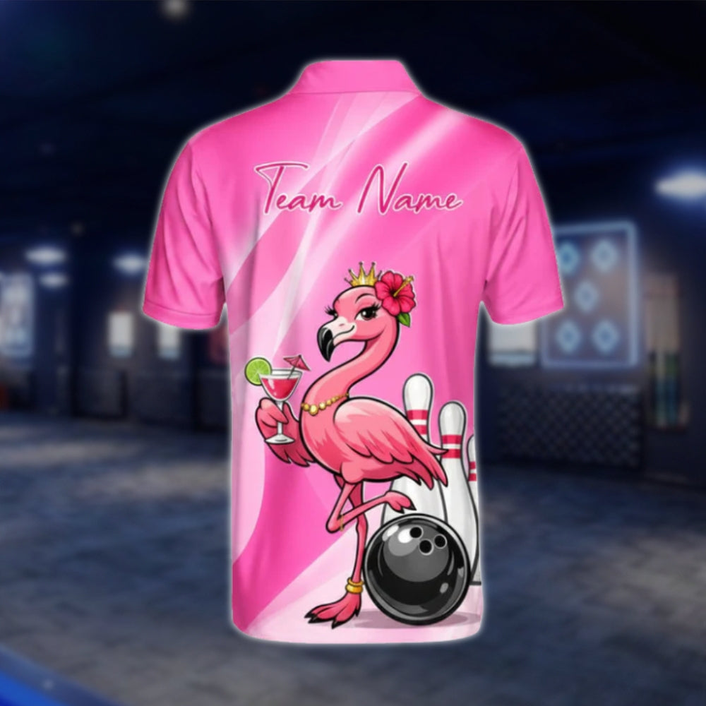 Flamingo Cocktail Custom Mens Pink Bowling Polo Shirt, Custom Flamingo Team Bowling Shirts BZ0456