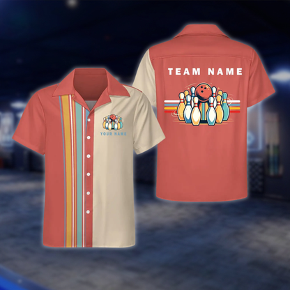 Personalized Retro Black Beige Bowling Hawaiian Shirt, Custom Retro Team Bowling Shirt BE0251