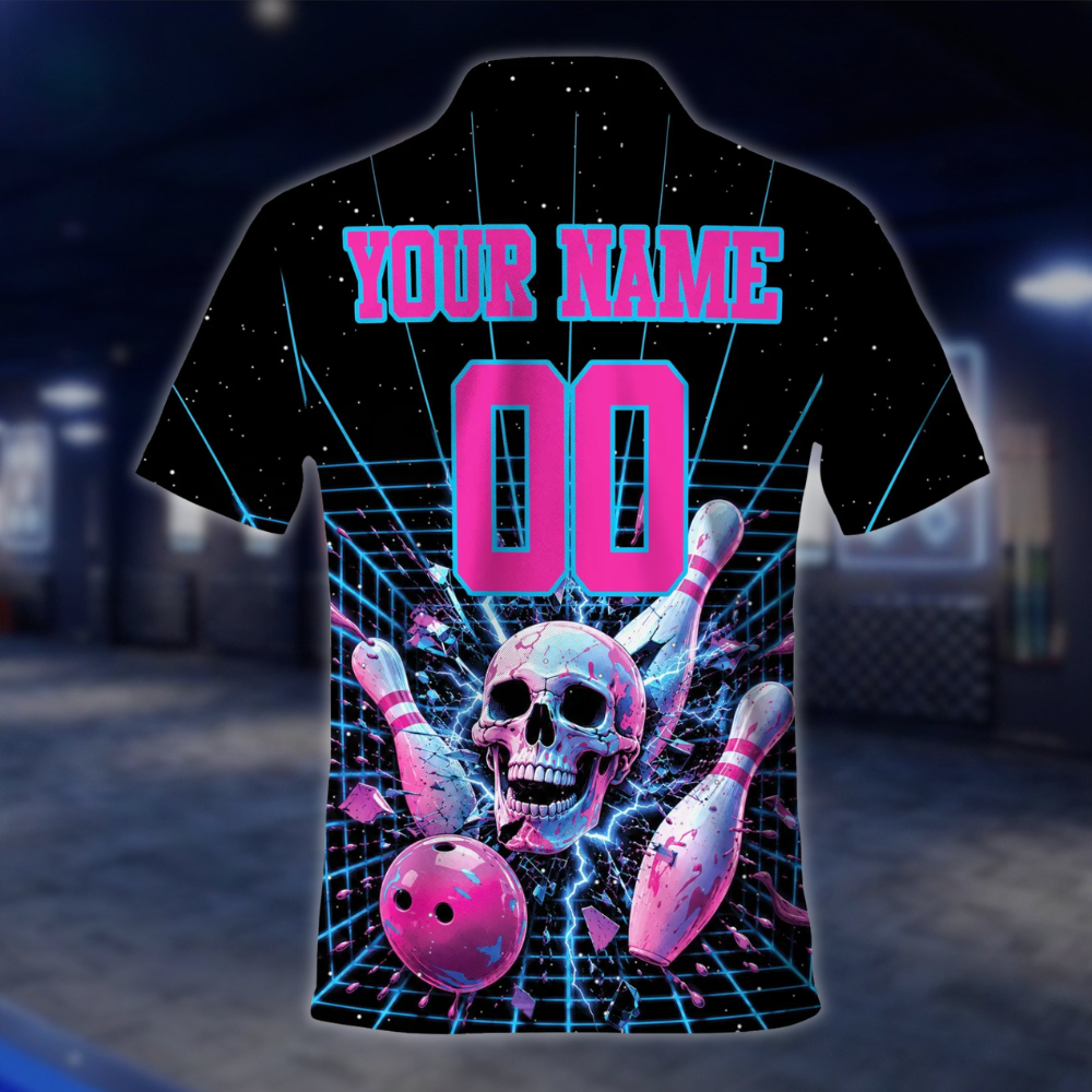 Personalized Skull Pink Black Bowling Polo Shirt For Men, Custom Skull Bowling Team Shirt BE0248